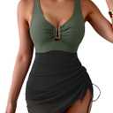 B2prity Women's Mesh One Piece Swimdress Swimsuit Tummy Control V Neck U Ring Bathing Suit Drawstring Sarong Swimwear (Army Green,black) M