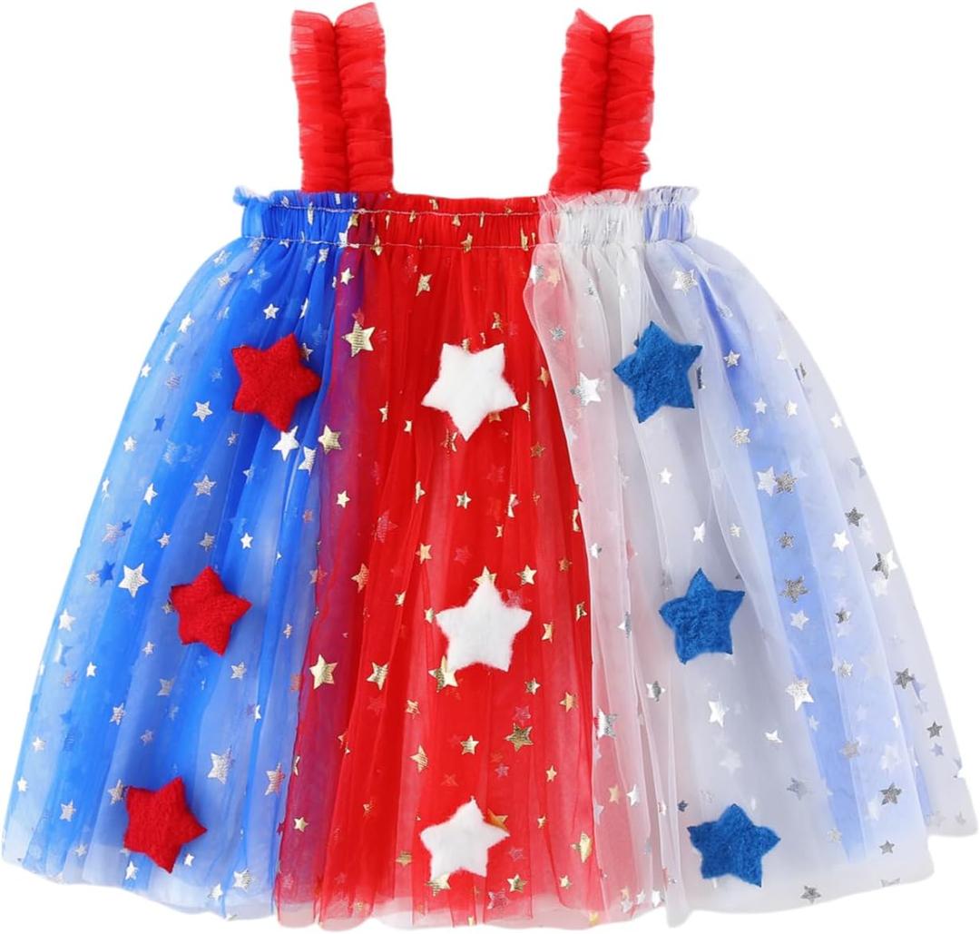 Toddler Baby Girl 4th of July Dress Kid Girls Star Sequin Layered Tulle Tutu Dresses Patriotic Wear Clothes 2-18 months