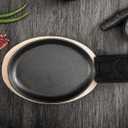 HAWOK Cast Iron Fajita Plate Sizzler Pan Set with Bamboo Tray and Handle Holder, Set of 4, Pre-seasoned Cast Iron Skillet with Bamboo Base and Handle Cover