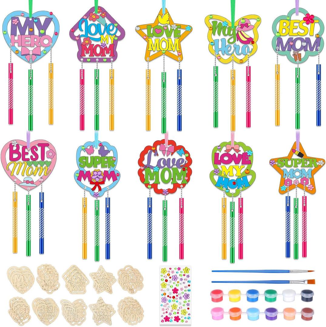 DoubleFill 30 Pack Mother's Day Wind Chime Kit Mom Crafts Make You Own Wind Chimes DIY Coloring Wooden Art and Craft Bulk for Mom's Birthday Gifts Party Decoration Hanging Ornaments