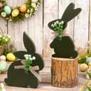 Thyle 2 Pcs Easter Bunny Wooden Signs Wooden Bunny Decorations with Bow Rustic Rabbit Shape Table Centerpiece Signs for Tables Tiered Tray Easter Gifts (Elegant,Moss Green)