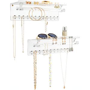 Acrylic Hanging Jewelry Organizer Wall Mounted Necklace Holder and Stud Earring Organizer with Floating Shelf and Bracelet Holder Rod for Women Girls (2 Pack)