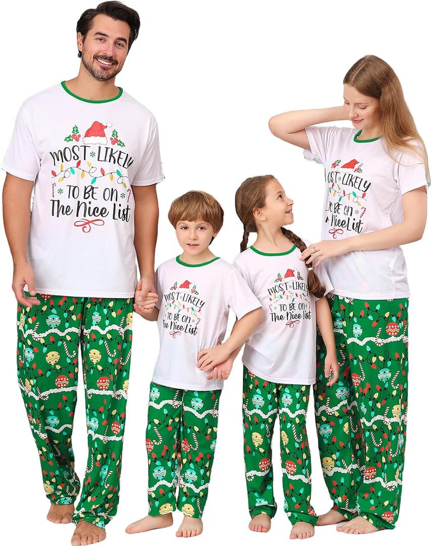 Christmas Pajamas for Family Matching Holiday PJ's Jammies Sets with Short Sleeve Tee and Pants Sleepwear Loungewear (Large, Green Light Ball)