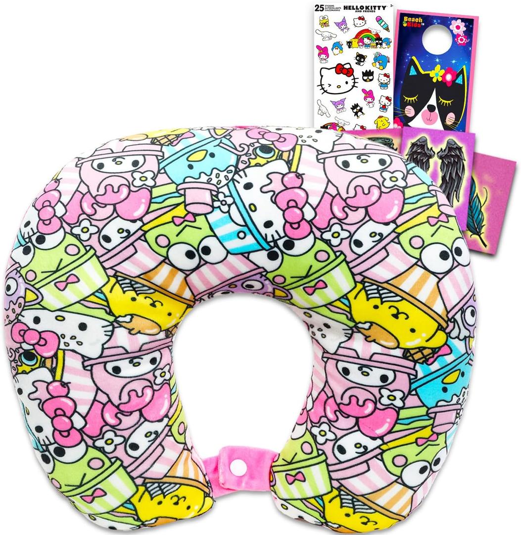 Hello Kitty and Friends Travel Neck Pillow for Kids - Bundle with 13" Kawaii Sanrio Boba Style Neck Pillow, Tattoos, Stickers, More | Hello Kitty and My Melody Travel Accessories for Girls