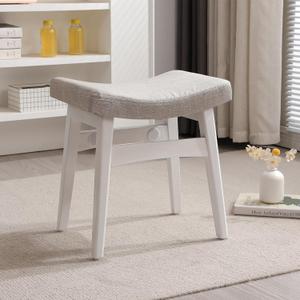 Vanity Stool, Saddle Cushion Foot Stool, Modern Vanity Bench Ottoman with Solid Wood Legs and Upholstered Seat for Entryway, Bedroom, White Color Leg - Grey Linen Fabric Cushion