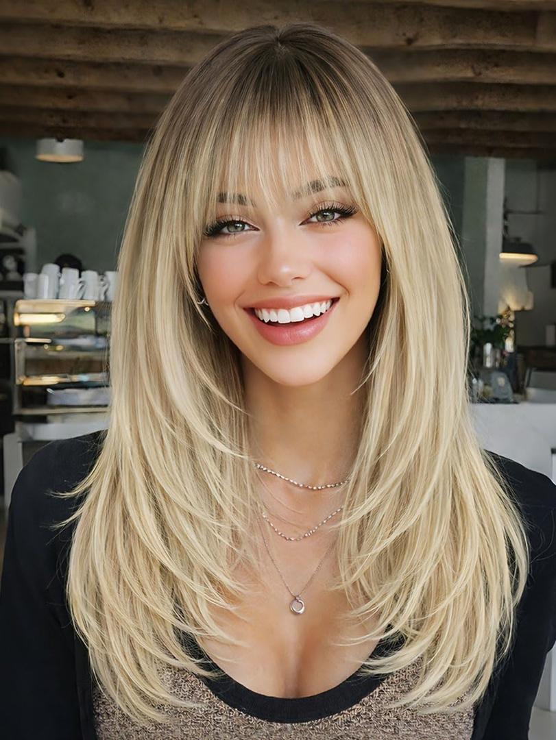 AISI HAIR Beginner Friendly Wigs Blonde Wig with Bangs for Women, Middle Length Natural Layered Straight Wig for Daily Party