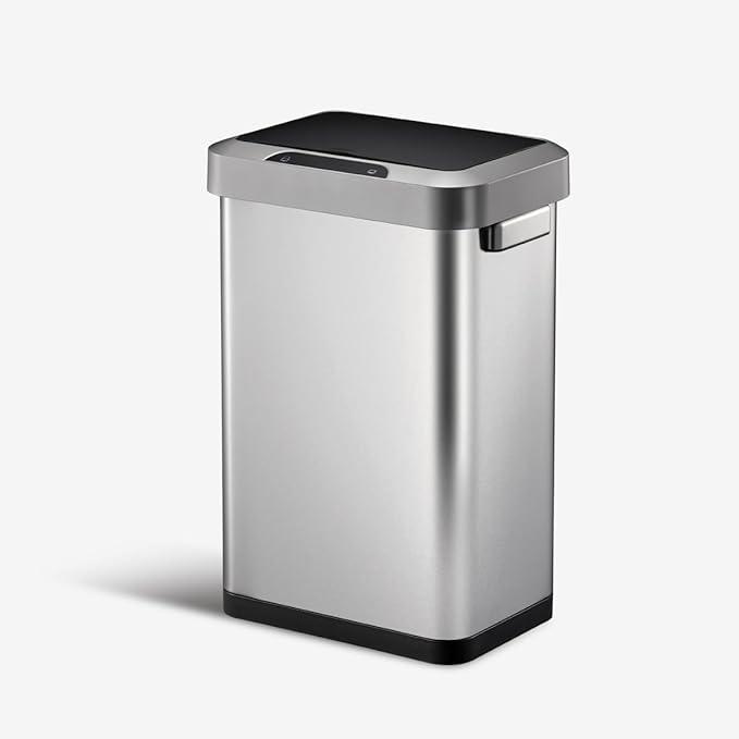 EKO Mirage-T 50 Liter / 13.2 Gallon Touchless Rectangular Motion Sensor Trash Can, Brushed Stainless Steel Finish