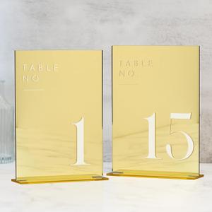 JINMURY Gold Wedding Table Numbers 1-15 with Stands, 5"x7" Gold Mirror Acrylic Table Numbers, Perfect for Wedding Reception, Party, Anniversary, Event