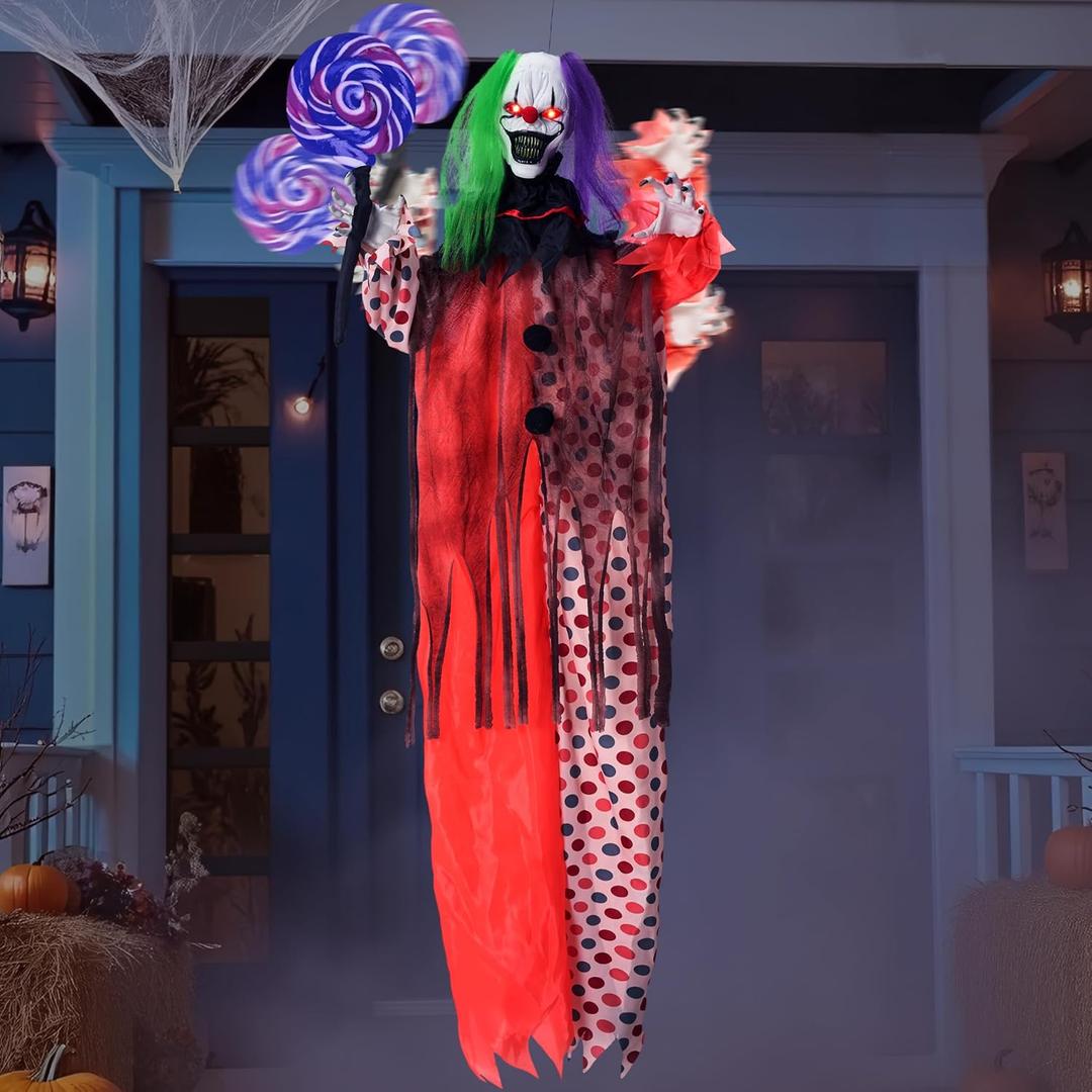 JOYIN 53" Halloween Hanging Clown Decorations Outdoor, Scary Animated Decor Waving Arm with Sound and Red Light Up Eyes Sound Activated Screaming Yard Props for Indoor Haunted House Party Lawn