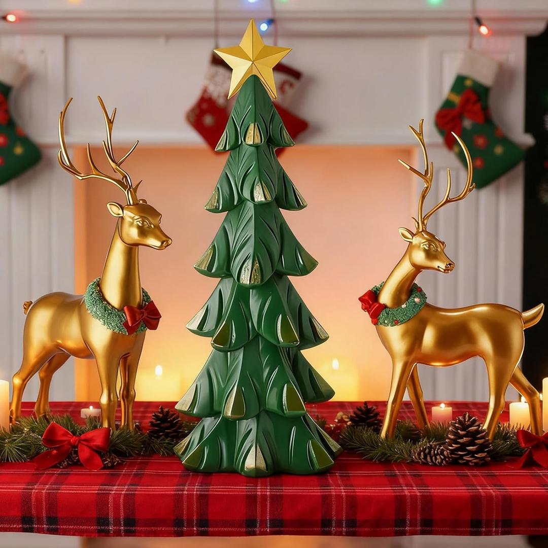 Pinkunn Large Reindeer Figurine Statues and Tree Set of 3-16 - 23''h Resin Gold Heavy Vintage Standing Reindeer Figurines Table Centerpieces for Fireplace Tree Skirt Mantel Shelf Home Decorations