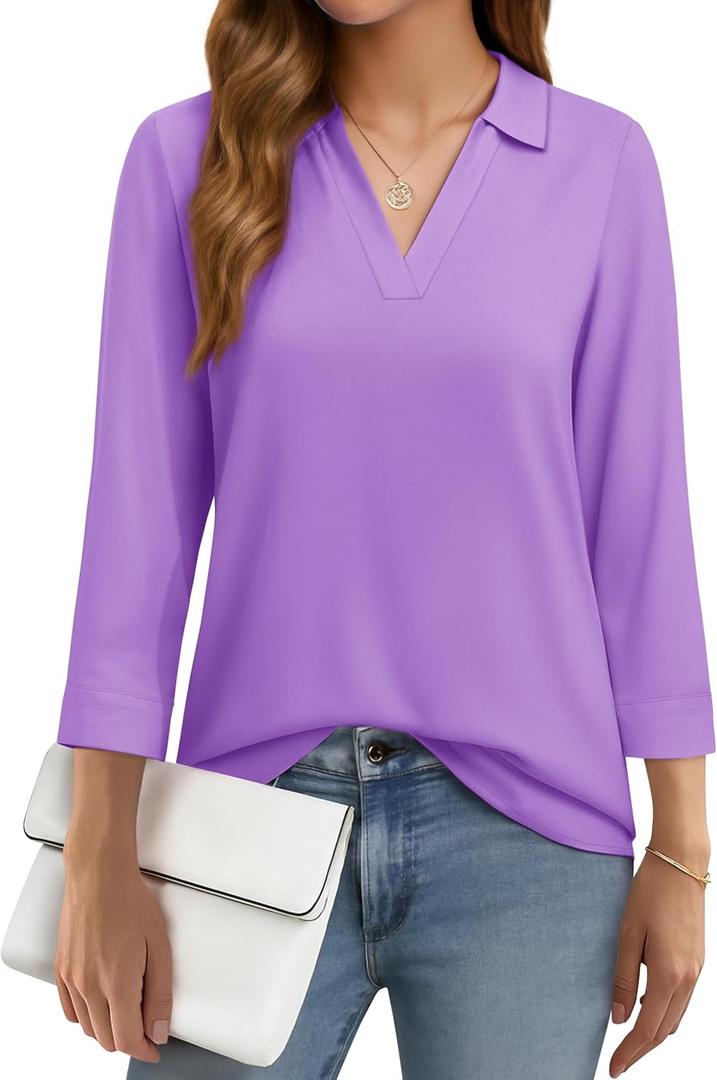 YUCOLEN 3/4 Sleeve Tunic Tops for Women V Neck Collared Shirts Chiffon Work Blouses Dressy Casual S-XXL (Purple, L)