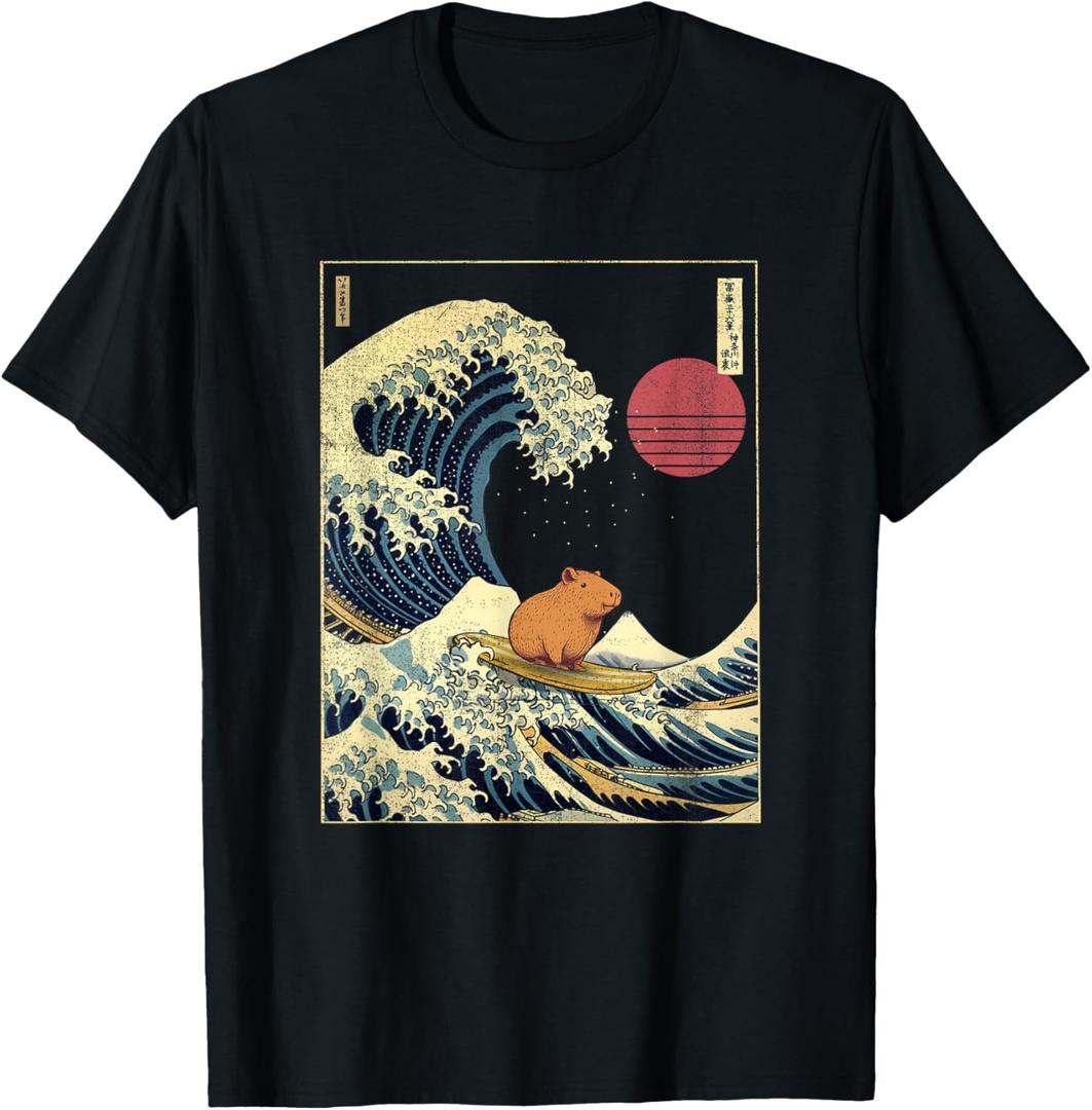 Capybara Japanese Kanagawa Wave Funny Surf Animal T-Shirt (Black, XL)