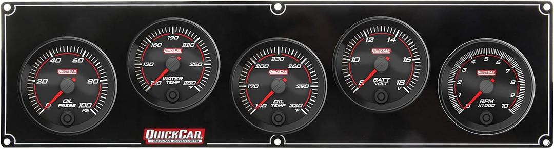 QuickCar Racing Products Gauge Panel Assembly, Redline, Oil Pressure/Water Temperature/Oil Temperature/Volt/2-5/8 in Tachometer, Black Face, Kit