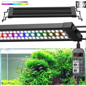 LED Aquarium Light, 24/7 Full Spectrum Dimmable Submersible Light 12-18 inch 12W for 10 Gallon Fish Tank, Day+Night Mode DIY Timer Auto On Off, High Brightness 8 Colors RGB Mode