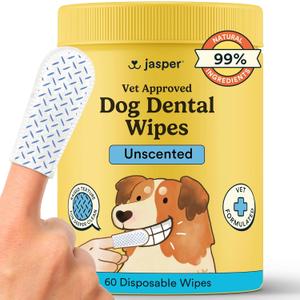 2 x Jasper Dog Dental Wipes, Vet-Recommended All-Natural Finger Toothbrush Wipes for Dogs, Fresh Breath & Tartar Control in Seconds – No Brush and Toothpaste Needed, Unscented, 60 Count