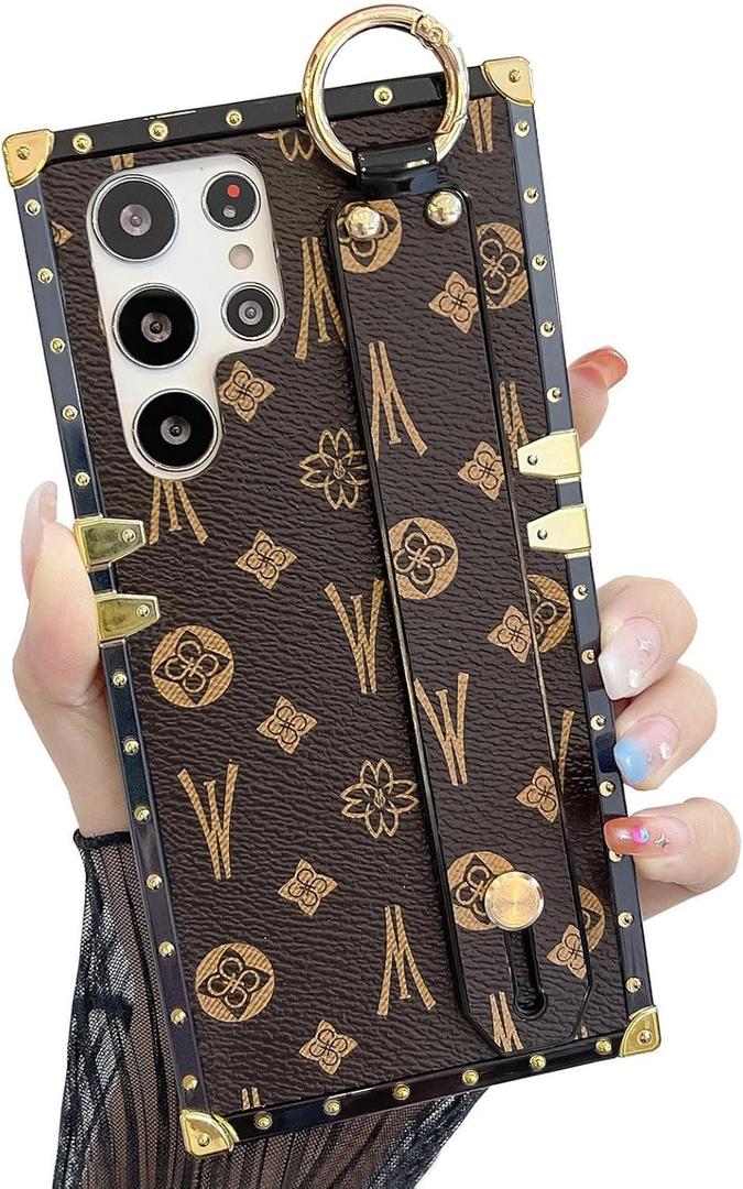 Compatible for Samsung Galaxy S25 Ultra Case Luxury Designer with Wristband Strap Leather Case Kickstand Holder Protective Women Girly Phone Cover for S25 Ultra (Brown)
