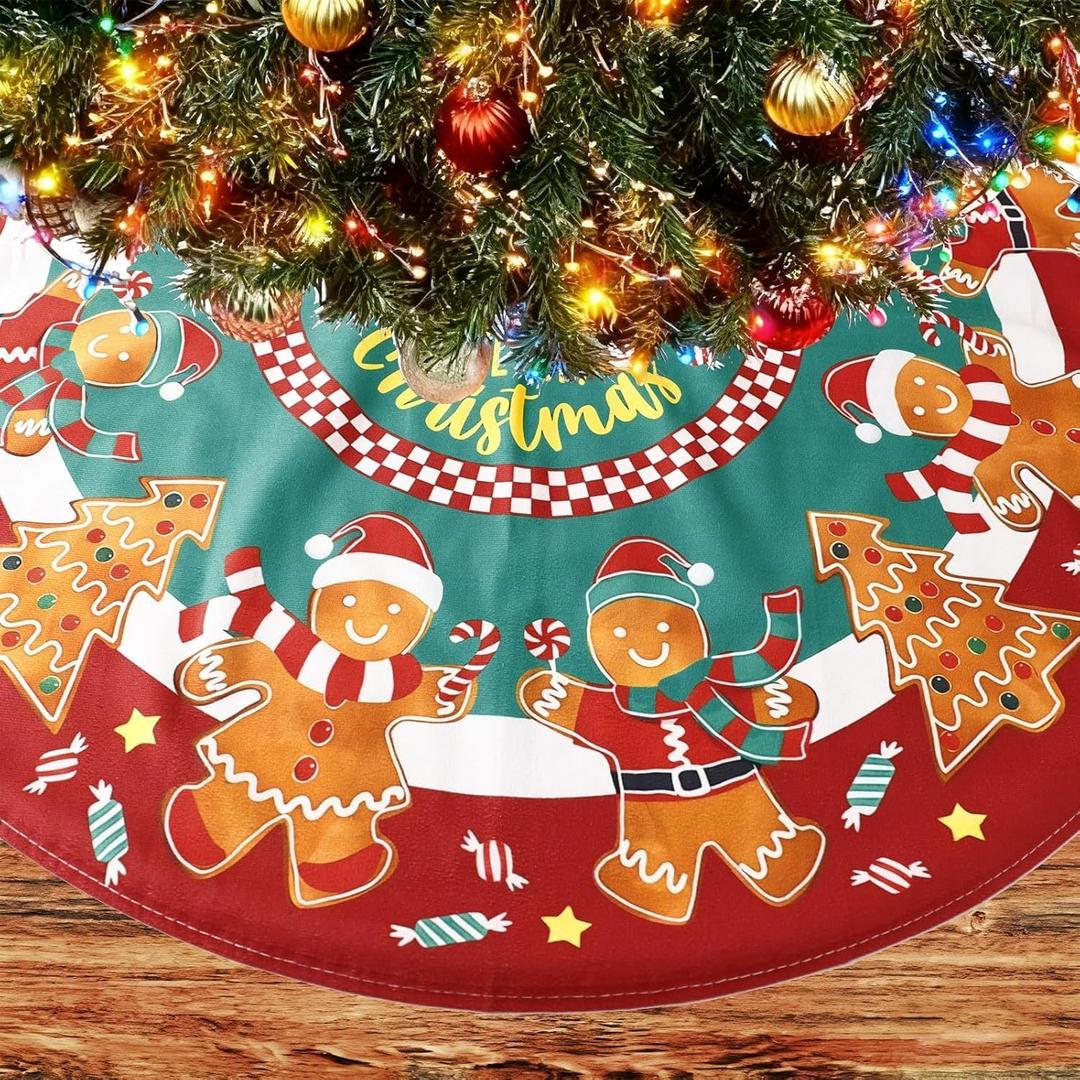 Christmas Tree Skirt Decorations 48inch Cute Xmas Mouse Gingerbread Tree Skirt Red and Green Gingerbread Style Christmas Tree Decor for New Year Winter Holiday Party Supplies
