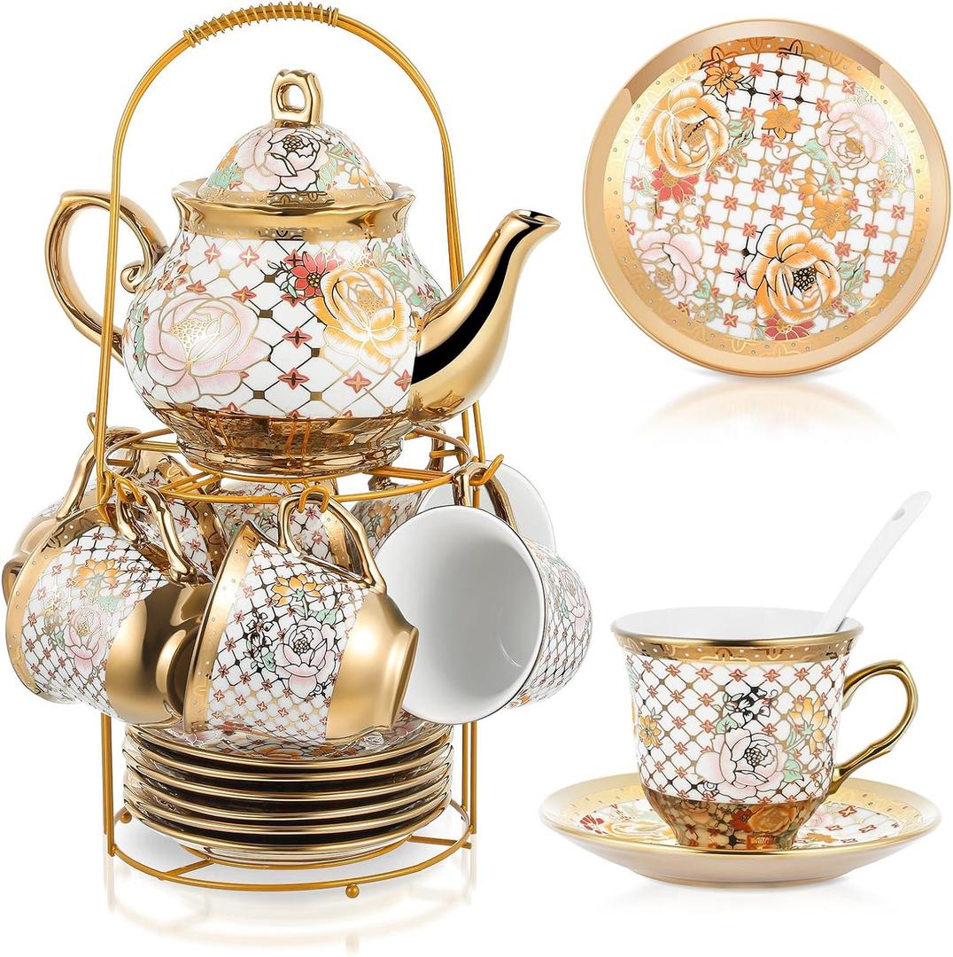 Zhehao 20 Pcs Porcelain Tea Set with Metal Holder and Spoon Adult Ceramic Tea Set European Flower Painting Teapot Cup Saucer Spoon for Women, Large Version(Delicate Style)