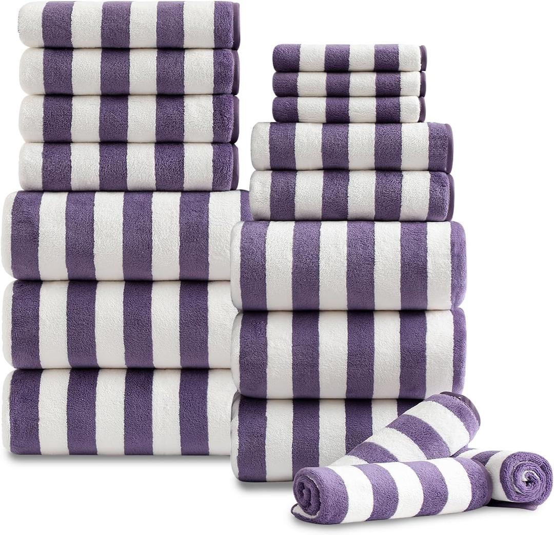 18 Pcs Purple Stripe Bath Towel Set with Hanging Loop-6 Bath Towels,6 Hand Towels,6 Washcloths Soft Family Towels Set Bathroom Towel Highly Absorbent Quick Dry Shower Towel for Beach Spa Gym Hotel