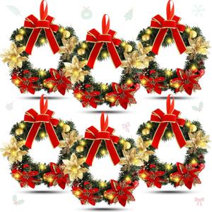 Lyrow 6 Pcs Lighted Christmas Wreath with Red Bow Ornament 13 Inch Prelit Xmas Battery Operated Christmas Wreaths for Front Door Outdoor Holiday Wall Indoor Xmas Decorations Party Decor(Classic)