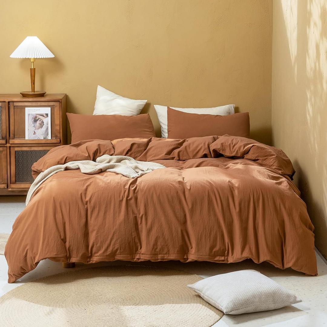 FOSSA Linen Duvet Cover Set 100% Washed Cotton Linen Feel Super Soft Breathable Cozy Simple Style 3 Pieces Bedding Sets Solid Dark Orange Queen