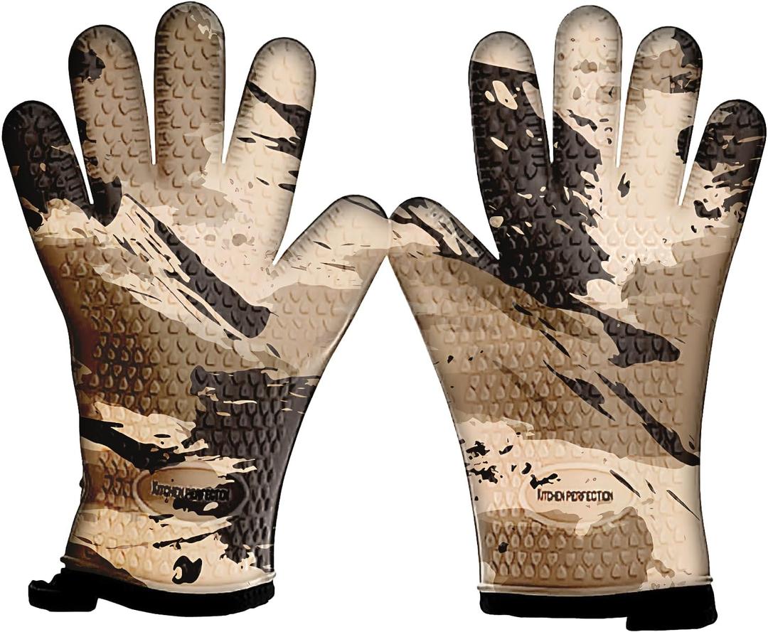 Kitchen perfection Silicone Smoker Oven Gloves -Extreme Heat Resistant BBQ Gloves -Handle Hot Food Right on Your Smoker Grill Fryer Pit|Waterproof Oven Mitts |Superior Value Set+3 Bonuses (One Size Fits Most, Desert)