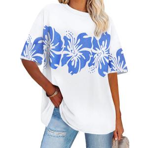 Womens Oversized Tshirt Graphic Tees Crew Neck Summer Short Sleeve Loose Fit Tops (XX-Large, White Blue Flower)