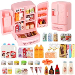 Mini Refrigerator Toy, Fill The Fridge with Ice Cream, Juice & 40+ Mini Food Toys for Dollhouse Accessories & Kitchen Playset. Realistic Refrigerator Play Gift for Kids. (Pink-42pcs)