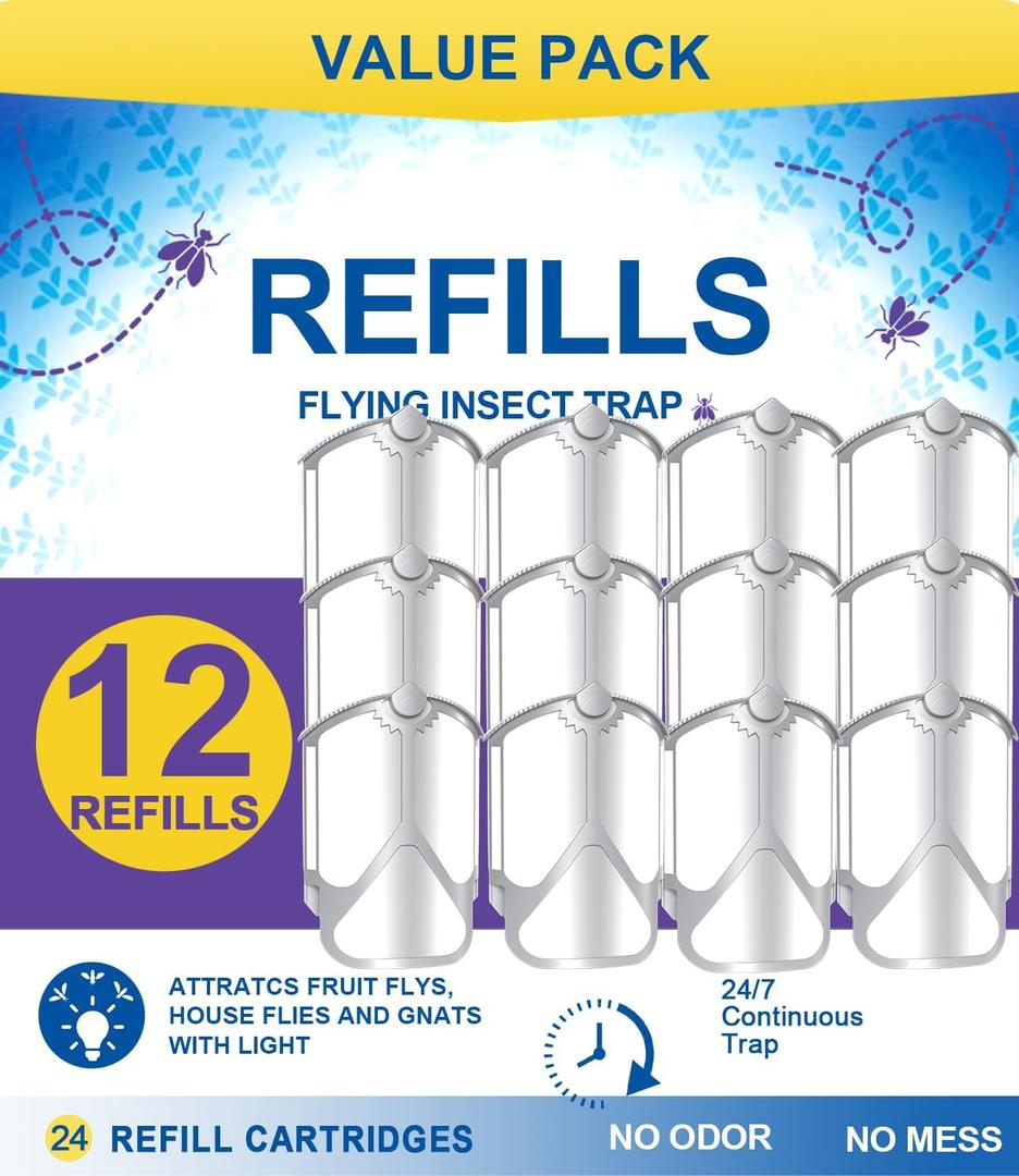 12 Pack Refill Cartridges, Super Sticky Compatible with Indoor Light M364 M364A and Max, Flying Insect Trap Refills Easy to Replace