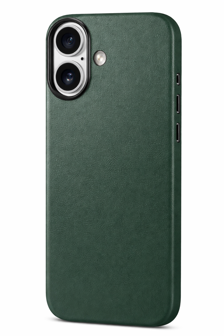 SHIELDON Case for iPhone 16 6.1" 2024, Genuine Leather Magnetic Wireless Charging Elegant Non-Slip Shockproof Protective Cover with Metal Buttons Compatible with iPhone 16 - Nappa Midnight Green
