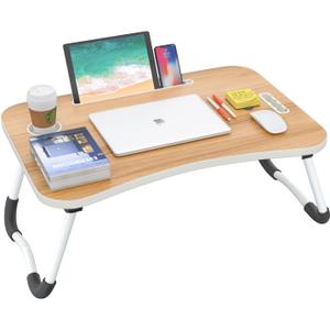 BUYIFY Folding Lap Desk, 23 Inch Portable Wood Yellow Laptop Bed Desk Lap Desk with Cup Holder, for Working Reading Writing, Eating, Watching Movies for Bed Sofa Couch Floor