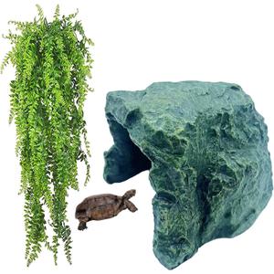 kathson Reptile Rock Hideout Cave,Tortoise Hide Caves,Resin Hides Shelter,Reptile Green Plant Decoration Habitat Decor Terrarium Accessories for Lizards Bearded Dragon Gecko Turtles Spiders