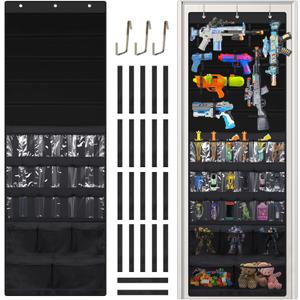 Over the Door Organizer for Toy Guns - Toys Storage Door Hanger with Pockets and Slots for Foam Blasters, Darts, Goggles, for Kids and Game Room