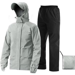 iCreek Rain Suit Waterproof Jacket with Pants 2 Pieces Breathable Lightweight Packable Raincoat with Hooded Rain Gear Unisex (Large)