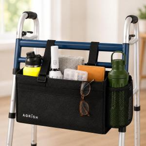 Agrish Walker Bag for Walker, Walker Basket with Cup Holder & Multiple Pockets, Folding Walker Accessories Organizer, Black Oxford Fabric Storage Pouch for Seniors Daily Essentials