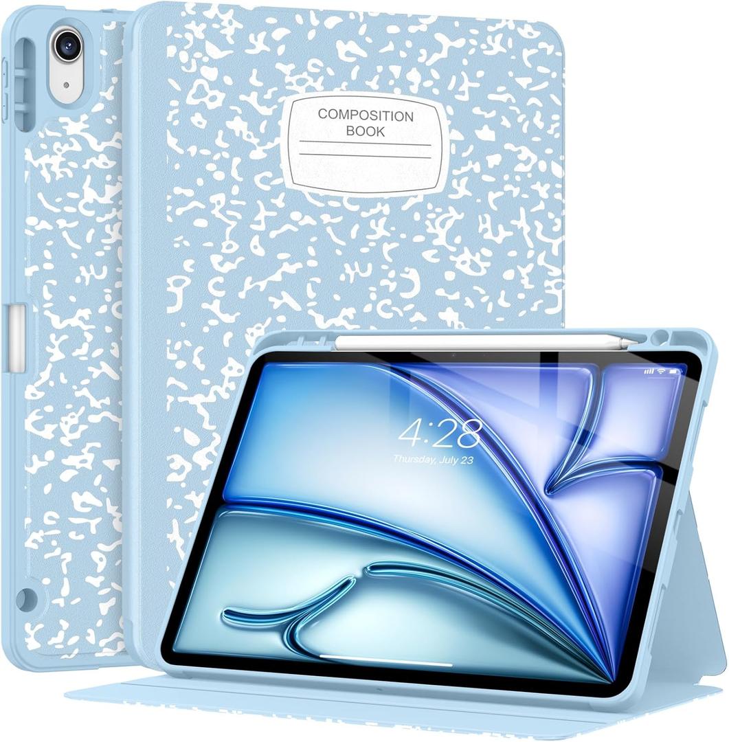 Supveco Case for iPad Air 11 Inch (M3 2025/ M2 2024), iPad Air 5th/ 4th Generation 10.9 Inch 2022/ 2020 with Pencil Holder-[Auto Wake/ Sleep], Premium Folio Stand Soft TPU Back Cover-Ice Blue