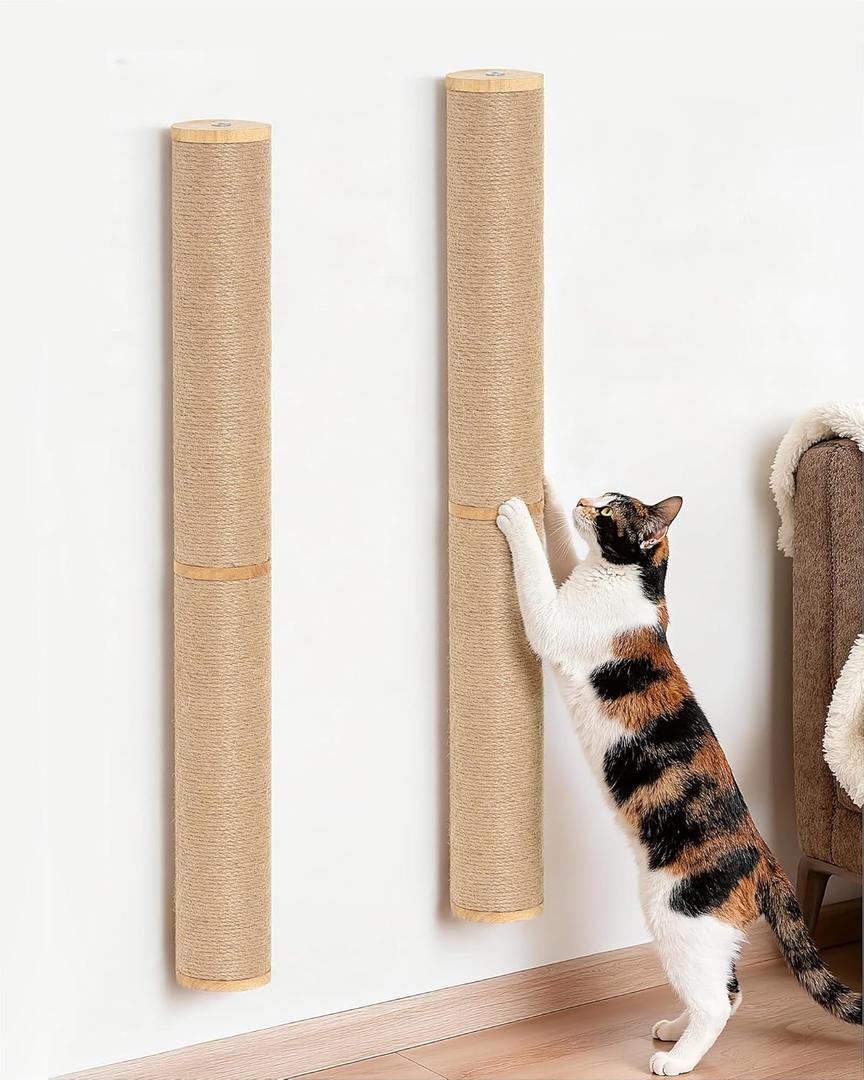 2-Pcs 34'' Wall Mounted Cat Scratcher for Large Cats, Tall Scratching Posts, Corner Cat Climbing Pole for Indoor Cats Climb Stretch Play, Wooden