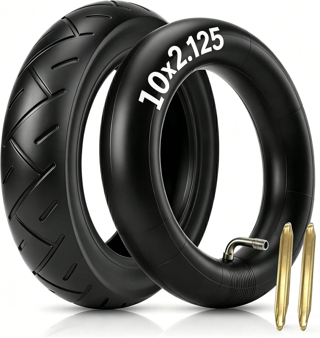 ELVANO 10×2.125 Electric Scooter Tire & Tube Set, High-performance Wear-resistant Pneumatic Tire, Replacement Tube with 90° Bent Valve and 2 Tire Levers, 10 Inch Fits 6" Rims (1-Set)