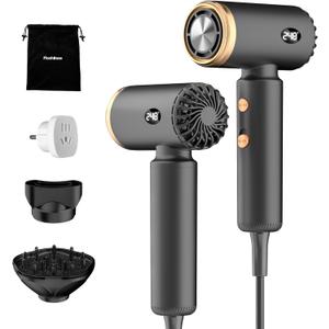 Travel Hair Dryer, Dual Voltage Mini Ionic Blow Dryer for Fast Drying, Compact Lightweight Hair Dryer with Magnetic Diffuser for Home & Travel, Portable Hairdryer International 110-240V (Black) (EXP 06/22/30)