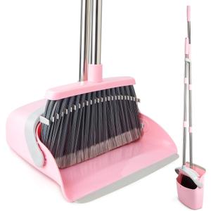 Broom and Dustpan Combo Set, Long Handle and Standing Dust Pan with Comb Teeth, Efficient Floor Cleaning for Kitchen, Outdoor, Dorm, Apartment, Office Lobby (Pink Gray)
