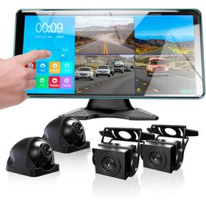4K Backup Camera 4 Channel 360 Dash Cam with 10.36" Quad Split Touch Screen & 4 AHD Front Rear Sides View Camera w/DVR Recording Music Video Playback Avoid Blind for RV Semi Trailer Truck Van