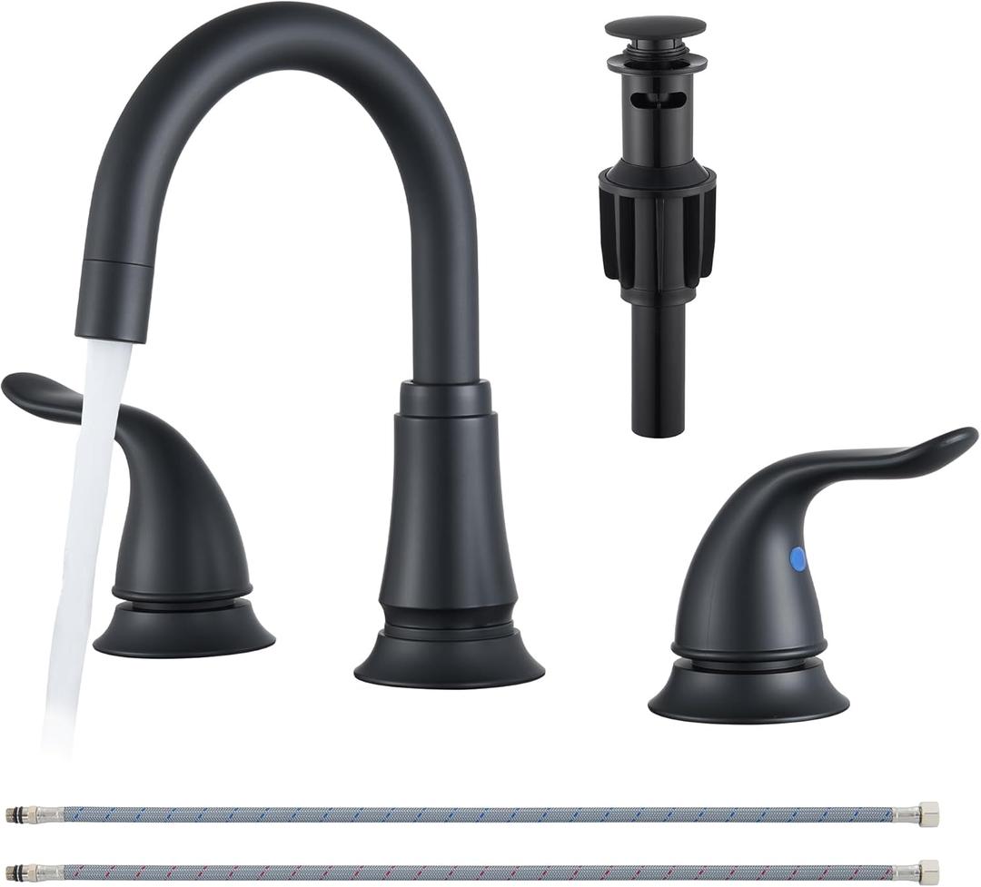 Matte Black Widespread Bathroom Faucet 3 Hole, 8 Inch Adjustable Bathroom Sink Faucet with Pop-Up Drain & Supply Lines, Dual Handle 360 Swivel Spout, Modern Design (1 Pack)