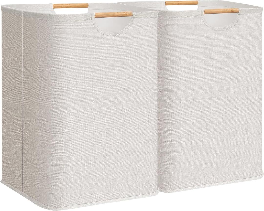 STORAGE MANIAC 2-Pack Large Laundry Hamper, 100L (26.4 Gal) Collapsible Laundry Basket with Bamboo Handles, Freestanding Waterproof Clothes Hamper for Laundry Room, Bedroom, Dorm, Towels, Toys, White