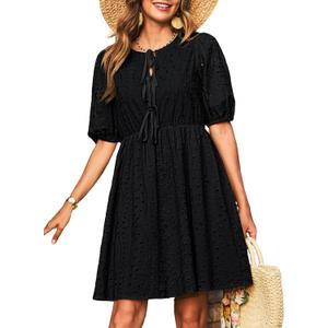Dokotoo Summer Dresses for Women 2026 Tie Front V Neck Short Puff Sleeve Hollow Out Lace Wedding Guest Dress (M)