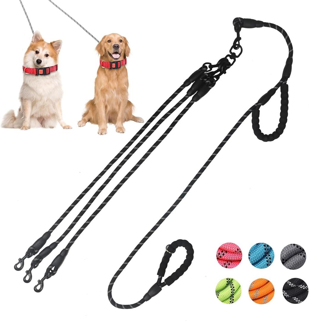 Exceptional 360 Anti-Tangle & No Pull Three Dog Leash - Three Handle & Reflective for Safety & Convenience - Pink, 3 Way for Small & Medium Dogs (Black 3 Way)