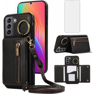 Asuwish Compatible with Samsung Galaxy S22 Plus S22+ 5G Wallet Case with Screen Protector and Crossbody Shoulder Strap Buckle Card Holder Cell Phone Cover for S22+5G S22plus 22S + S 22 22+ Women Black