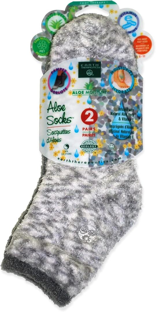 Earth Therapeutics Aloe Socks  Infused w/Aloe Vera & Vitamin E  Helps Dry Feet, Cracked Heels, Calluses  Use with Lotion  Grey/Confetti (2 Pairs)