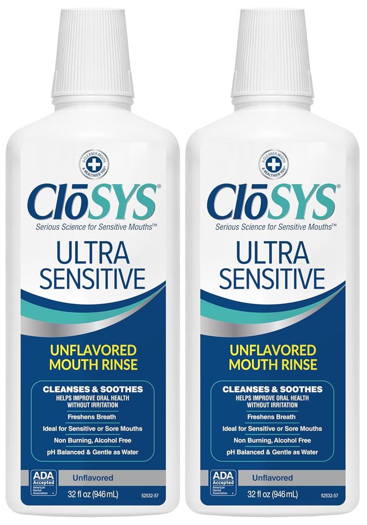 CloSYS Ultra Sensitive Mouthwash, Unflavored Alcohol Free, Dye Free, pH Balanced, Helps Soothe Entire Mouth  32 Oz (Pack of 2)