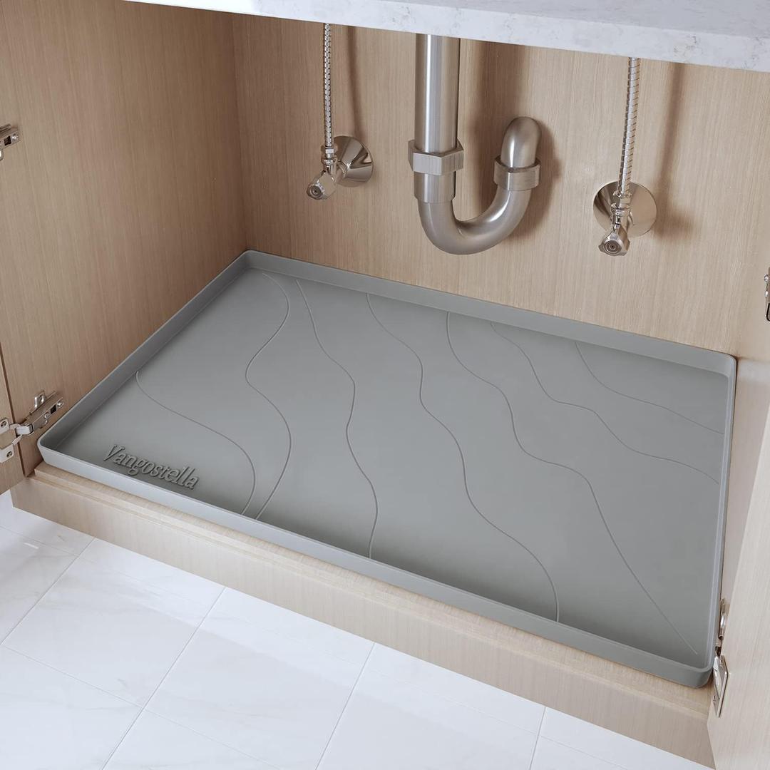 Premium Under Sink Mat for Kitchen - Waterproof 34" x 22", Extra Thick Non-Slip Silicone Liner with Raised Edge - Prevents Drips, Leaks, Spills - Grey (Gray)