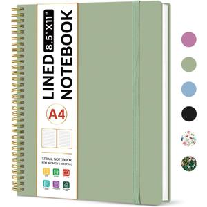 Taja Spiral Lined Notebook, 8.5"x11" Notebooks for Work, Large A4 Journal for Women & Men, College Ruled Journaling Notebook for Writing, Plastic Cover Spiral Journal, Green
